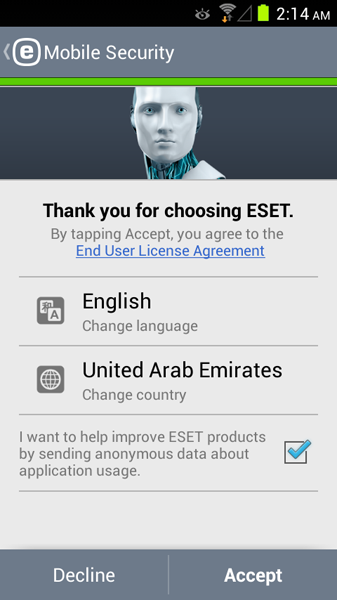 مرحله اول نصب و راه اندازی آنتی ویروس ESET Mobile Security